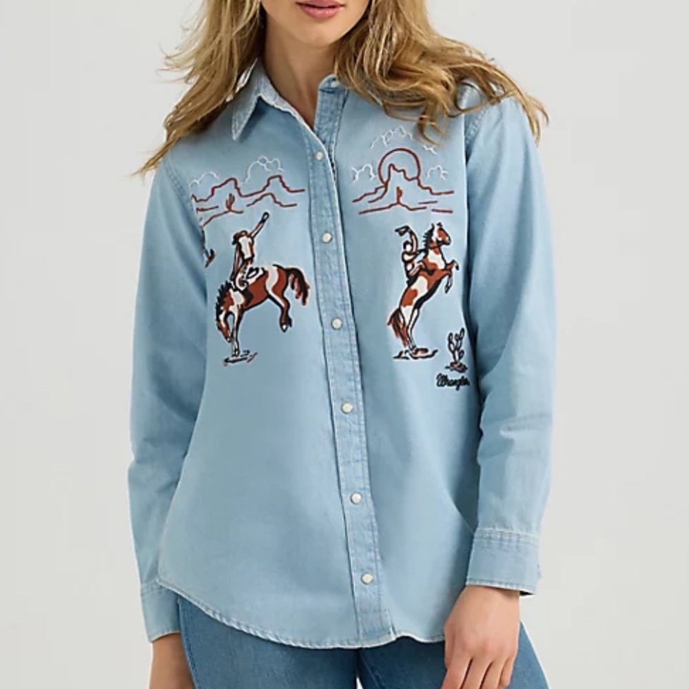 Embroidered Vintage Style Pearl Snap Denim Shirt